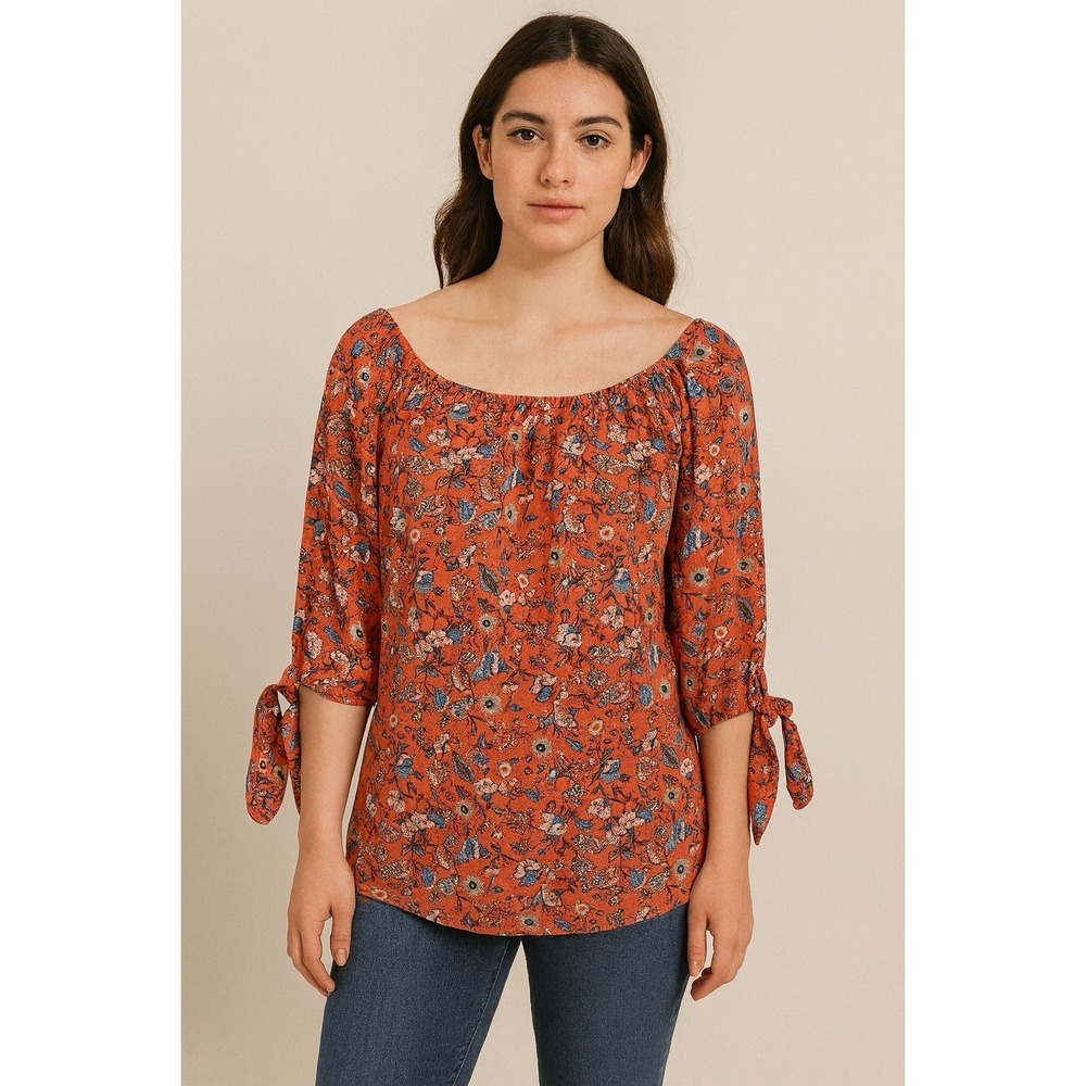 Star Vixen Women's Short Sleeve Peasant Top with Keyhole Tie and Elastic Medium